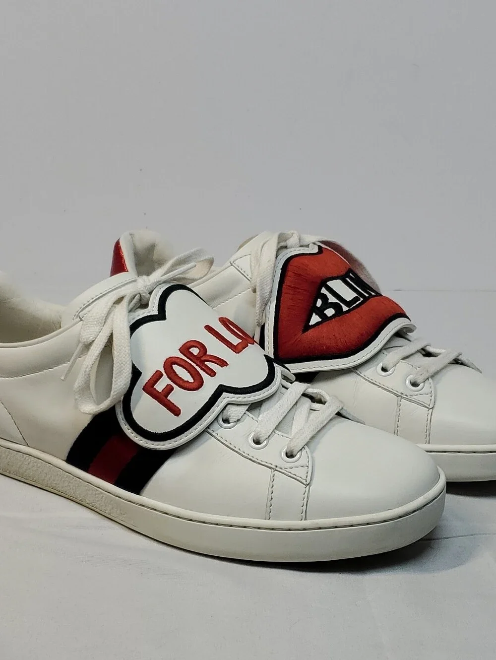Gucci Ace Blind for Love White Leather Low Top Lace-Up Sneakers Red/Blue Mens 7
